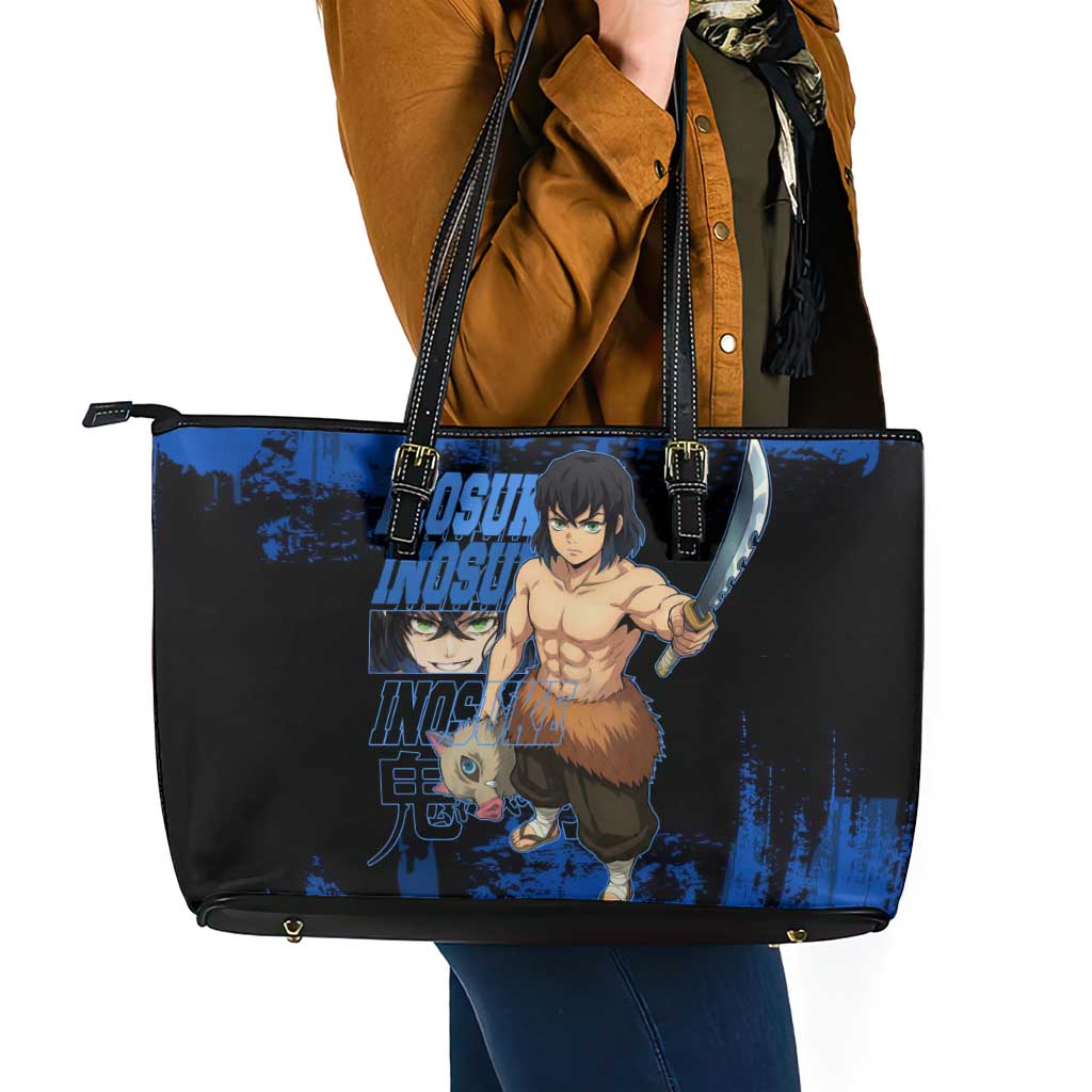 Inosuke Hashibira Demon Slayer Blue Grunge Design Leather Tote Bag with Boar Mask and Dual Sword Pose - The Mazicc