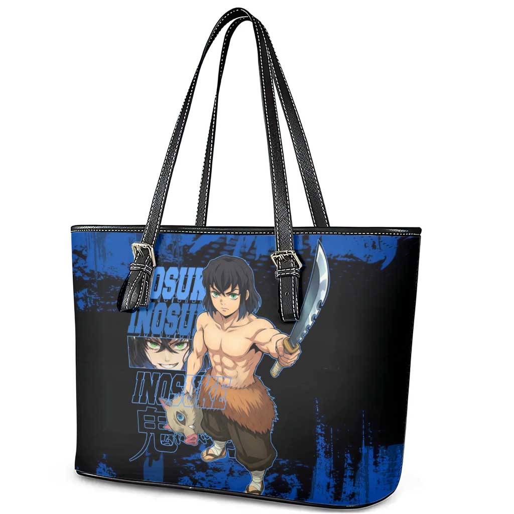 Inosuke Hashibira Demon Slayer Blue Grunge Design Leather Tote Bag with Boar Mask and Dual Sword Pose - The Mazicc