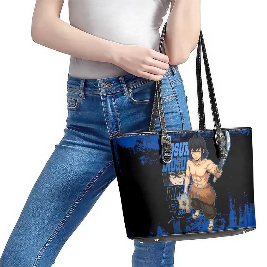 Inosuke Hashibira Demon Slayer Blue Grunge Design Leather Tote Bag with Boar Mask and Dual Sword Pose - The Mazicc