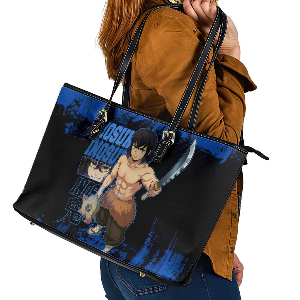 Inosuke Hashibira Demon Slayer Blue Grunge Design Leather Tote Bag with Boar Mask and Dual Sword Pose - The Mazicc