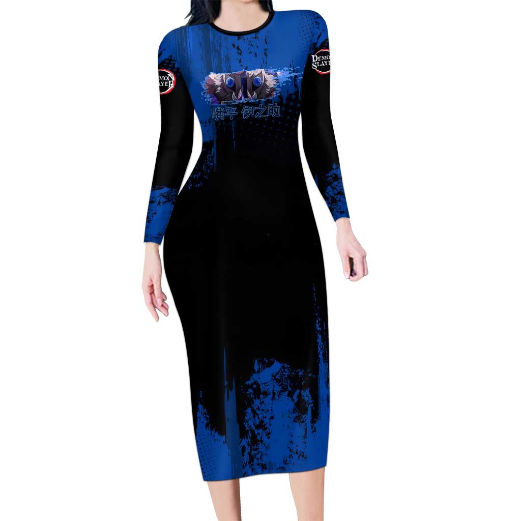 Inosuke Hashibira Demon Slayer Blue Grunge Design Long Sleeve Bodycon Dress with Boar Mask and Dual Sword Pose - The Mazicc