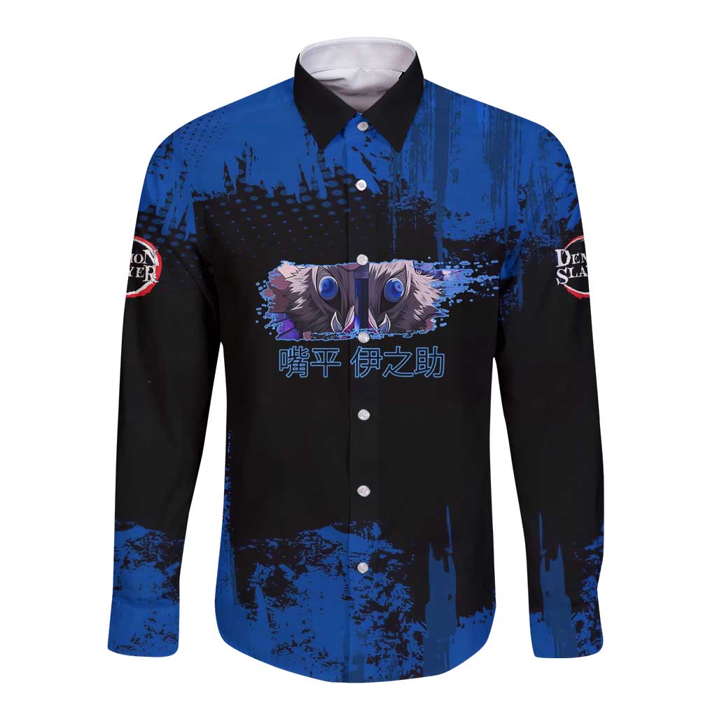 Inosuke Hashibira Demon Slayer Blue Grunge Design Long Sleeve Button Shirt with Boar Mask and Dual Sword Pose - The Mazicc