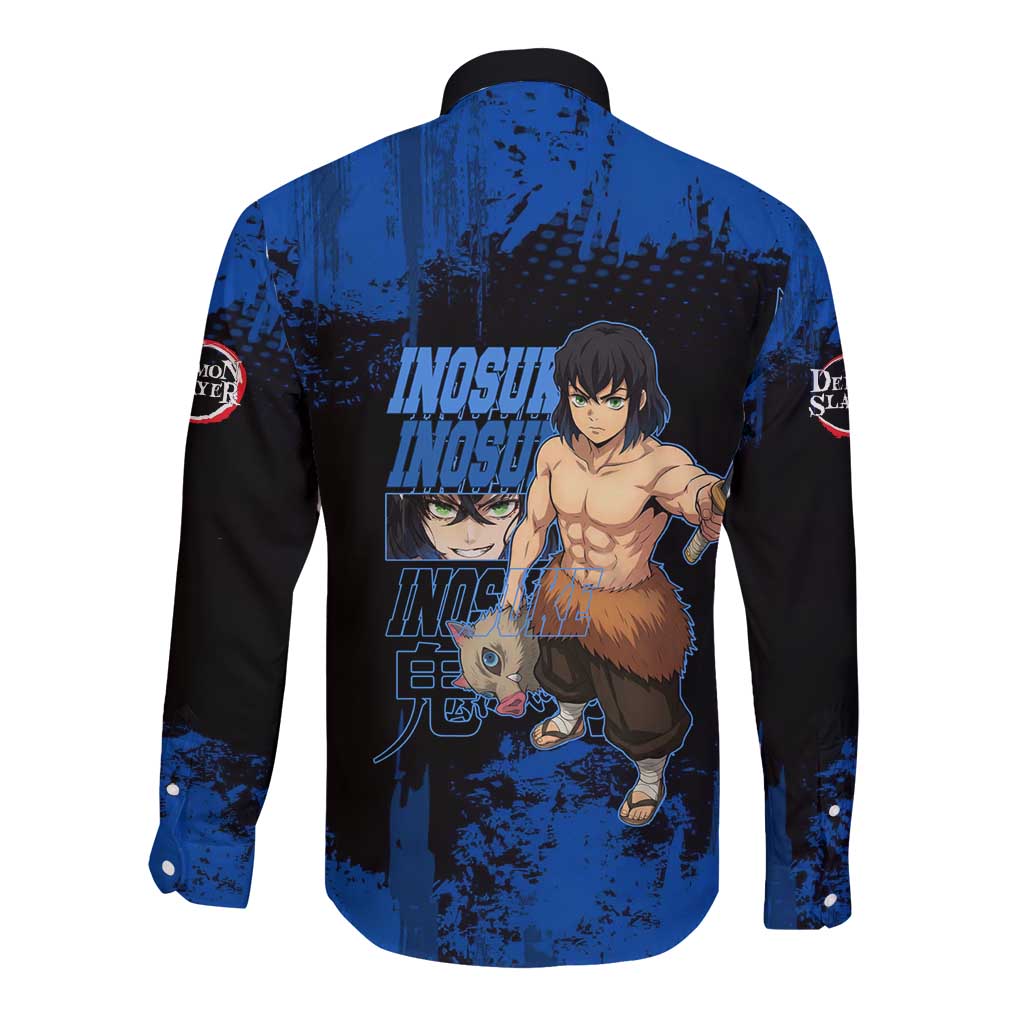 Inosuke Hashibira Demon Slayer Blue Grunge Design Long Sleeve Button Shirt with Boar Mask and Dual Sword Pose - The Mazicc