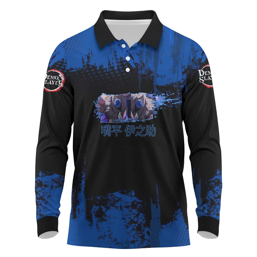 Inosuke Hashibira Demon Slayer Blue Grunge Design Long Sleeve Polo Shirt with Boar Mask and Dual Sword Pose - The Mazicc