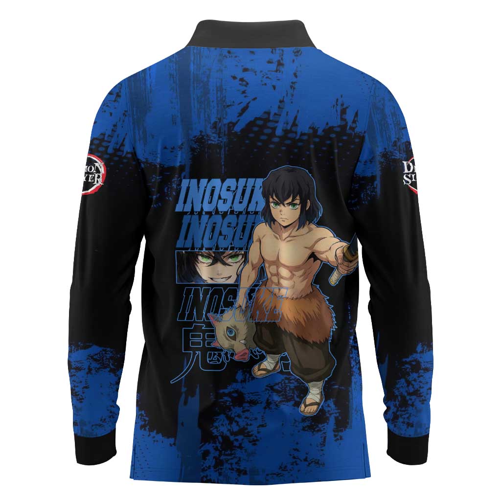 Inosuke Hashibira Demon Slayer Blue Grunge Design Long Sleeve Polo Shirt with Boar Mask and Dual Sword Pose - The Mazicc