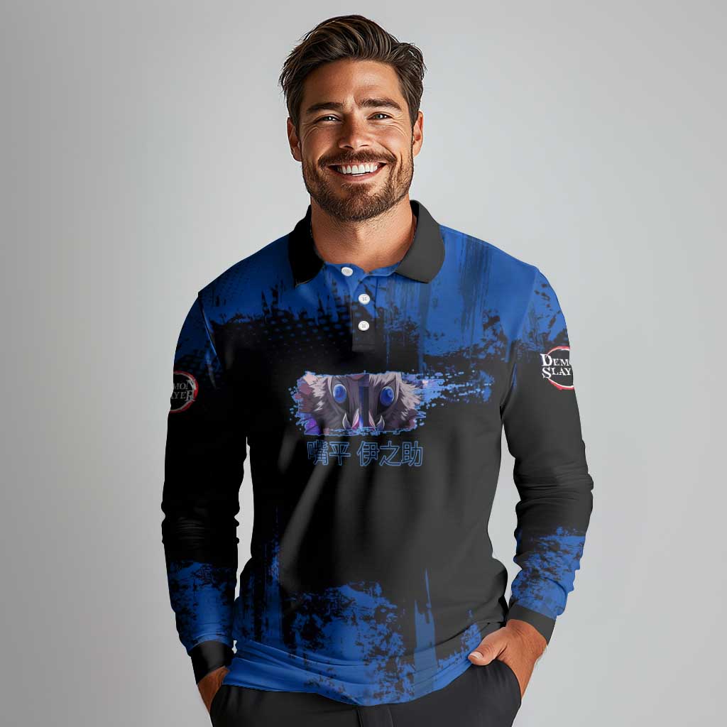 Inosuke Hashibira Demon Slayer Blue Grunge Design Long Sleeve Polo Shirt with Boar Mask and Dual Sword Pose - The Mazicc