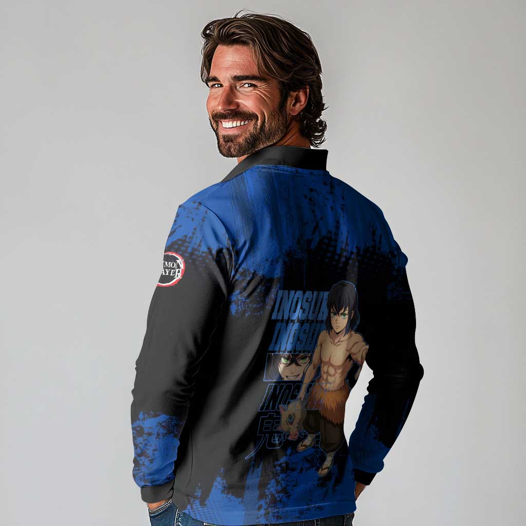 Inosuke Hashibira Demon Slayer Blue Grunge Design Long Sleeve Polo Shirt with Boar Mask and Dual Sword Pose - The Mazicc