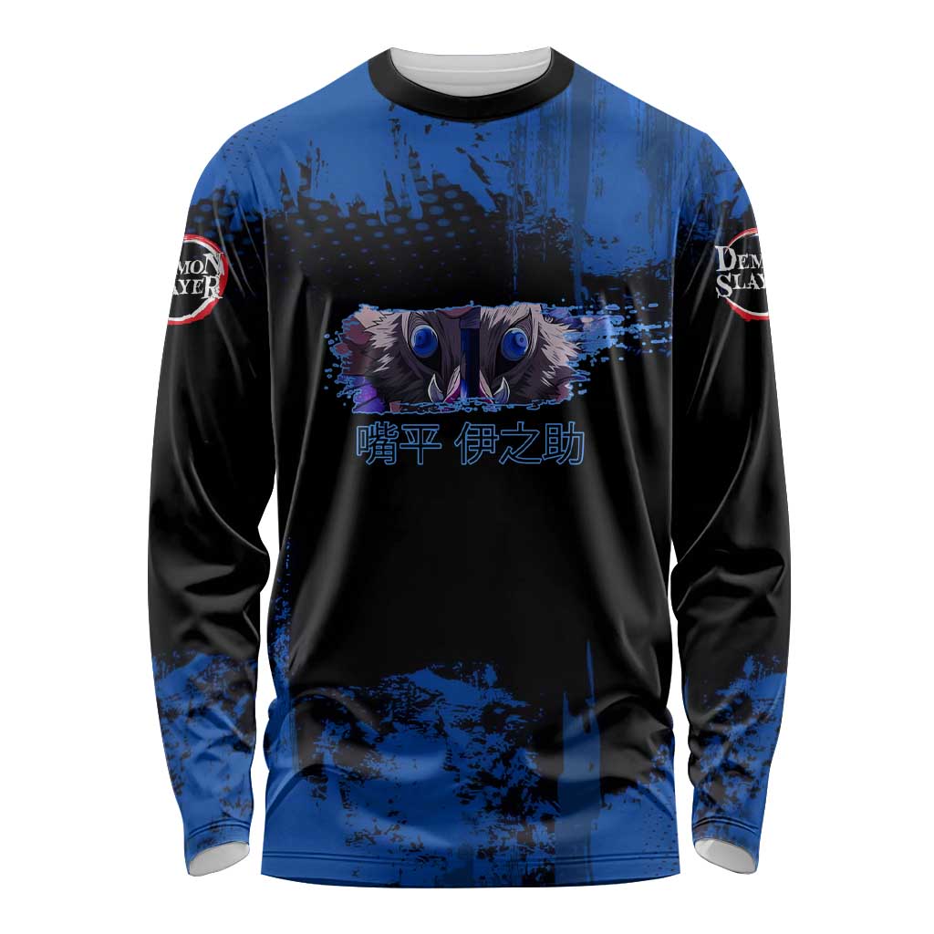 Inosuke Hashibira Demon Slayer Blue Grunge Design Long Sleeve Shirt with Boar Mask and Dual Sword Pose - The Mazicc