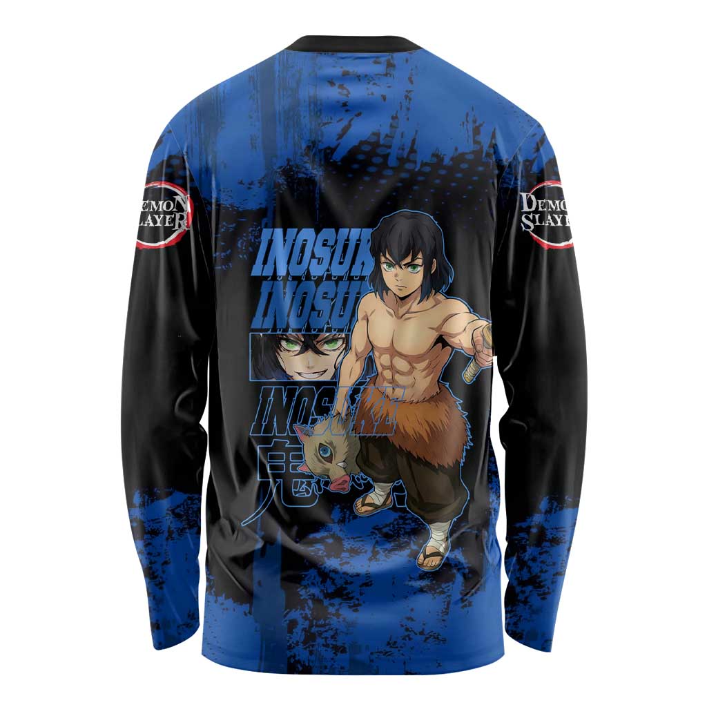 Inosuke Hashibira Demon Slayer Blue Grunge Design Long Sleeve Shirt with Boar Mask and Dual Sword Pose - The Mazicc