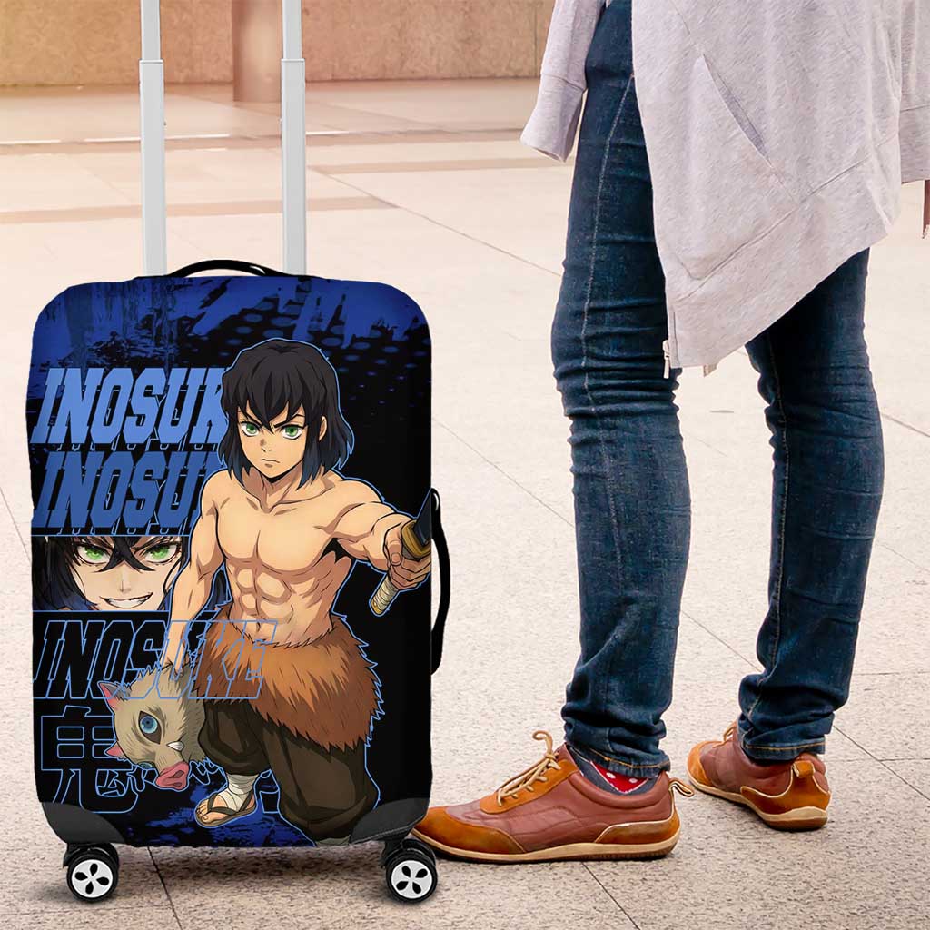 Inosuke Hashibira Demon Slayer Blue Grunge Design Luggage Cover with Boar Mask and Dual Sword Pose - The Mazicc