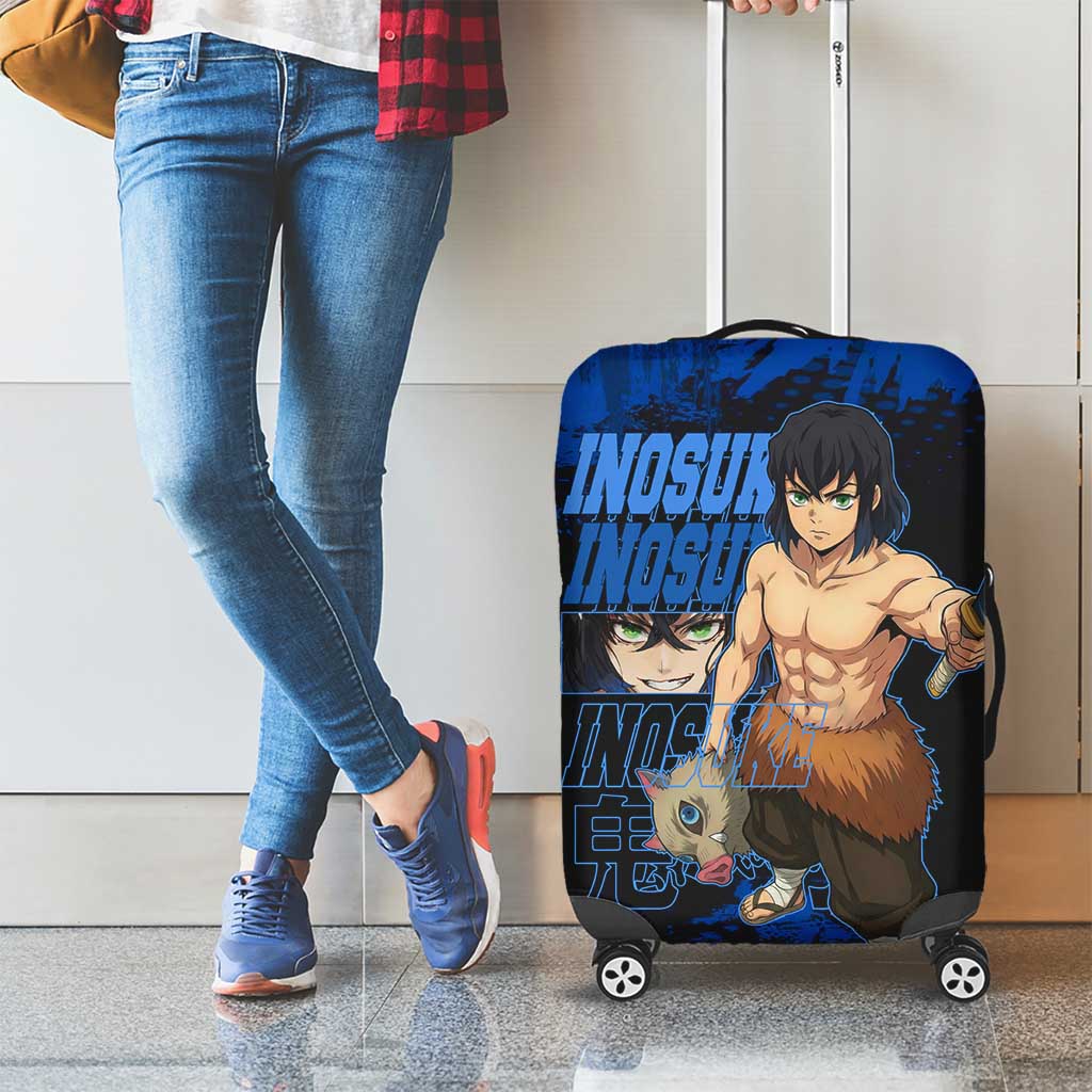 Inosuke Hashibira Demon Slayer Blue Grunge Design Luggage Cover with Boar Mask and Dual Sword Pose - The Mazicc