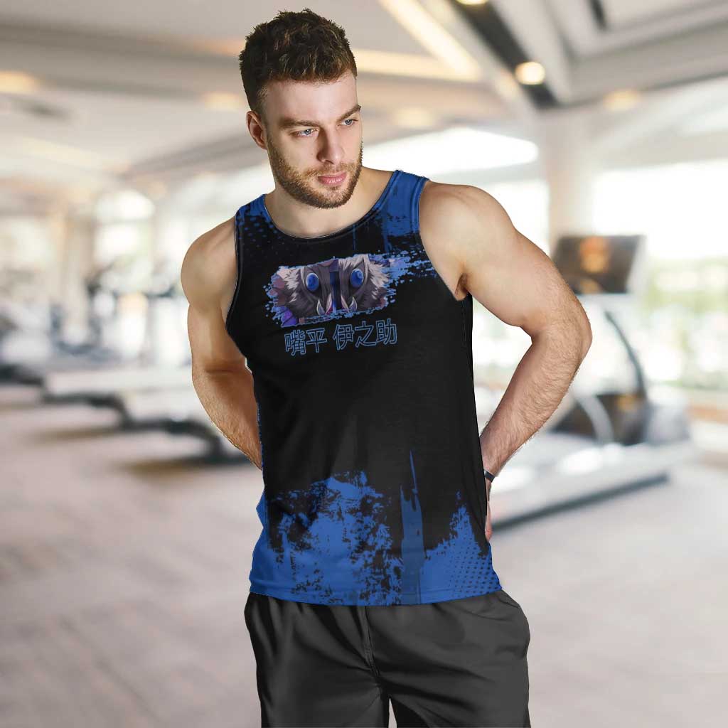 Inosuke Hashibira Demon Slayer Blue Grunge Design Men Tank Top with Boar Mask and Dual Sword Pose - The Mazicc