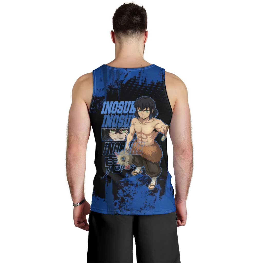 Inosuke Hashibira Demon Slayer Blue Grunge Design Men Tank Top with Boar Mask and Dual Sword Pose - The Mazicc