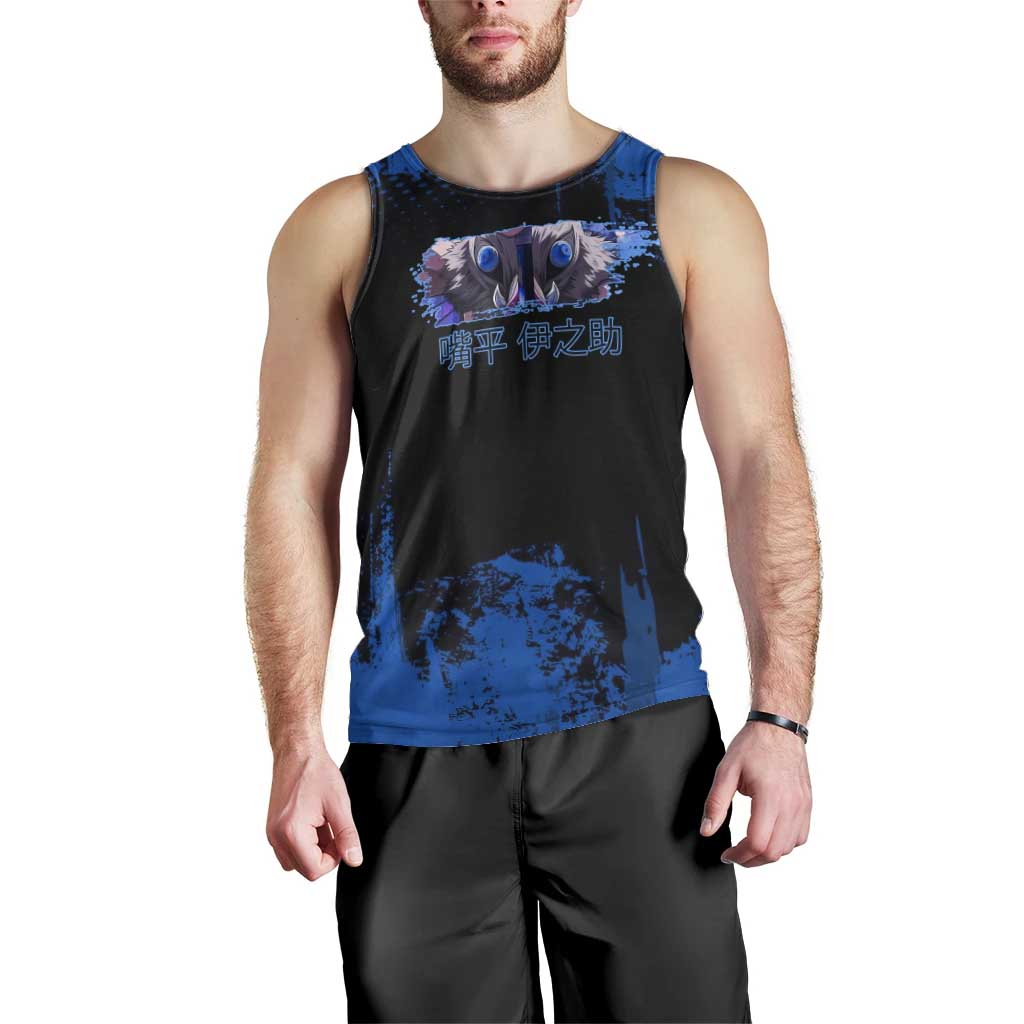 Inosuke Hashibira Demon Slayer Blue Grunge Design Men Tank Top with Boar Mask and Dual Sword Pose - The Mazicc