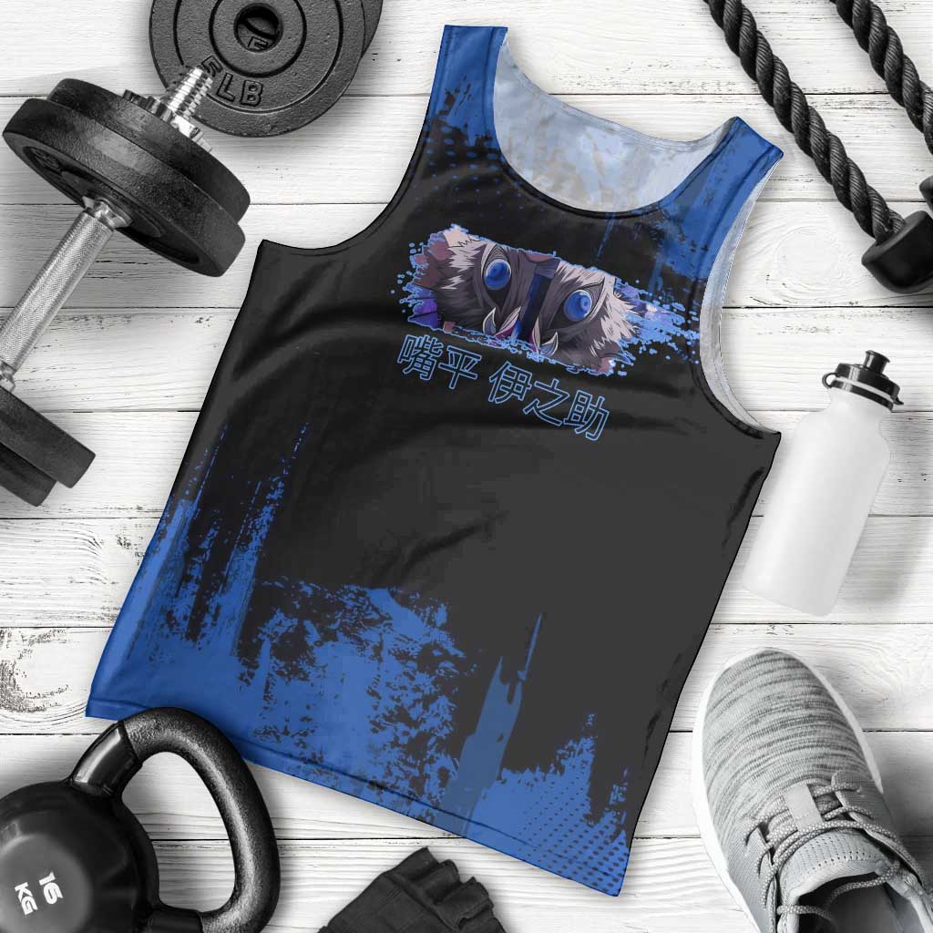 Inosuke Hashibira Demon Slayer Blue Grunge Design Men Tank Top with Boar Mask and Dual Sword Pose - The Mazicc