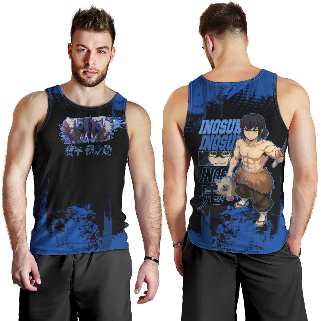 Inosuke Hashibira Demon Slayer Blue Grunge Design Men Tank Top with Boar Mask and Dual Sword Pose - The Mazicc