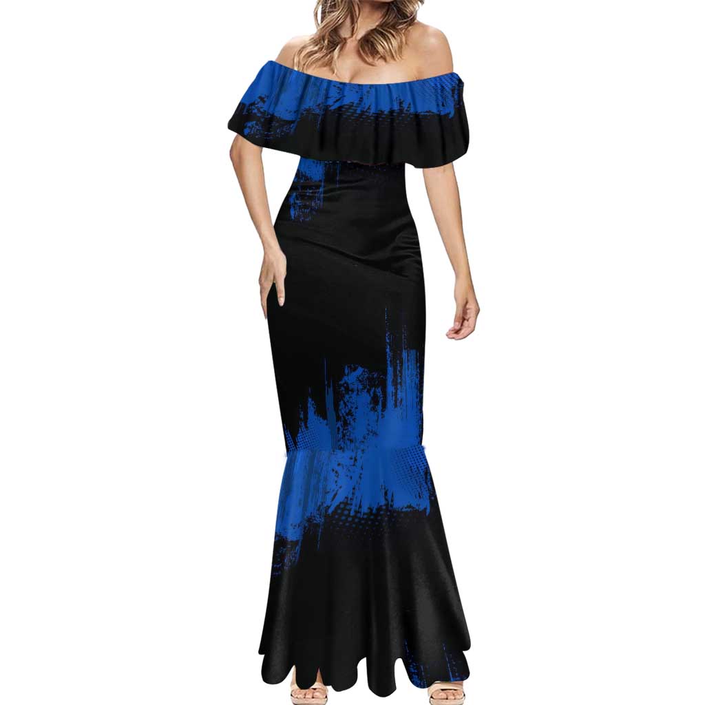 Inosuke Hashibira Demon Slayer Blue Grunge Design Mermaid Dress with Boar Mask and Dual Sword Pose - The Mazicc