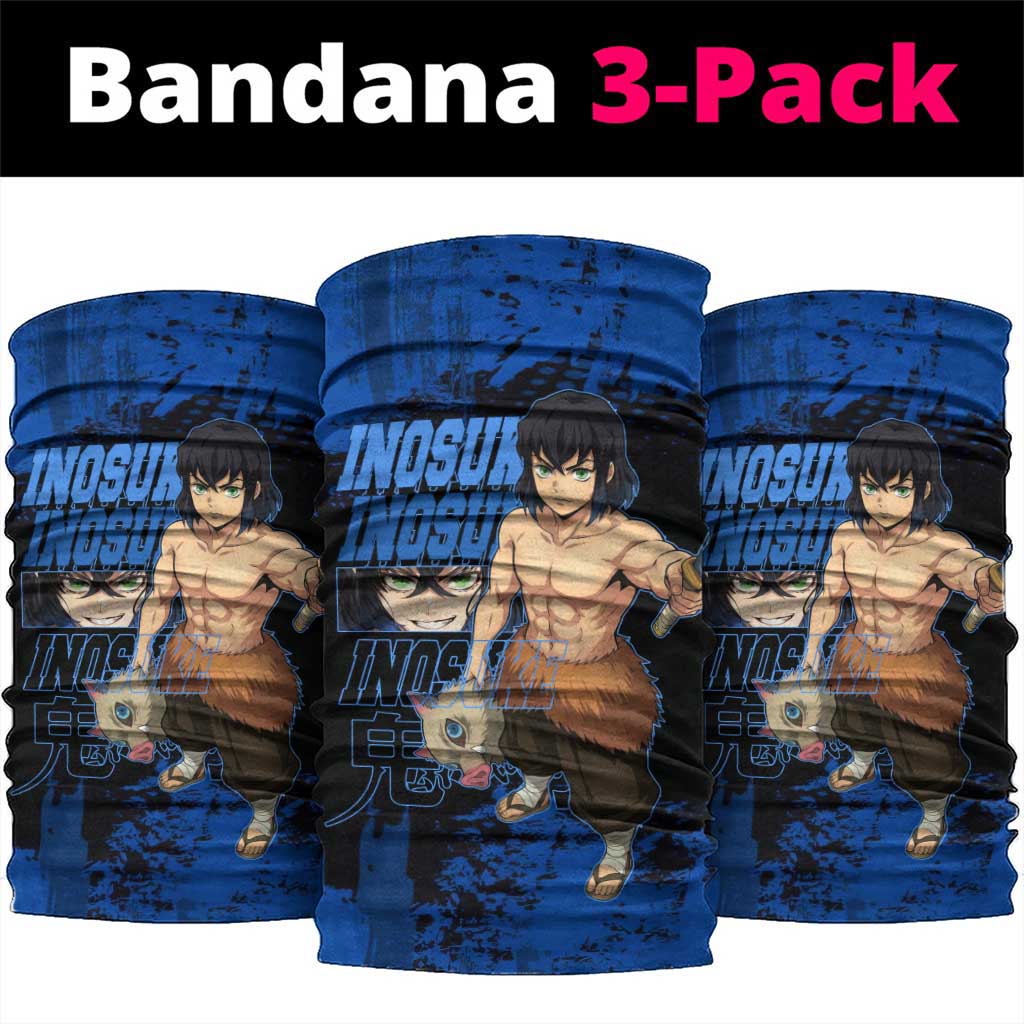 Inosuke Hashibira Demon Slayer Blue Grunge Design Neck Gaiter with Boar Mask and Dual Sword Pose - The Mazicc