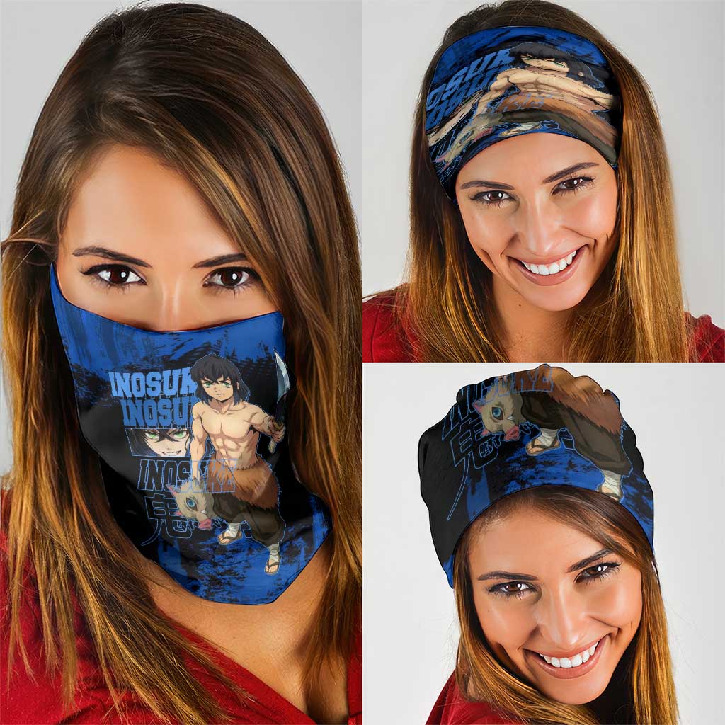 Inosuke Hashibira Demon Slayer Blue Grunge Design Neck Gaiter with Boar Mask and Dual Sword Pose - The Mazicc