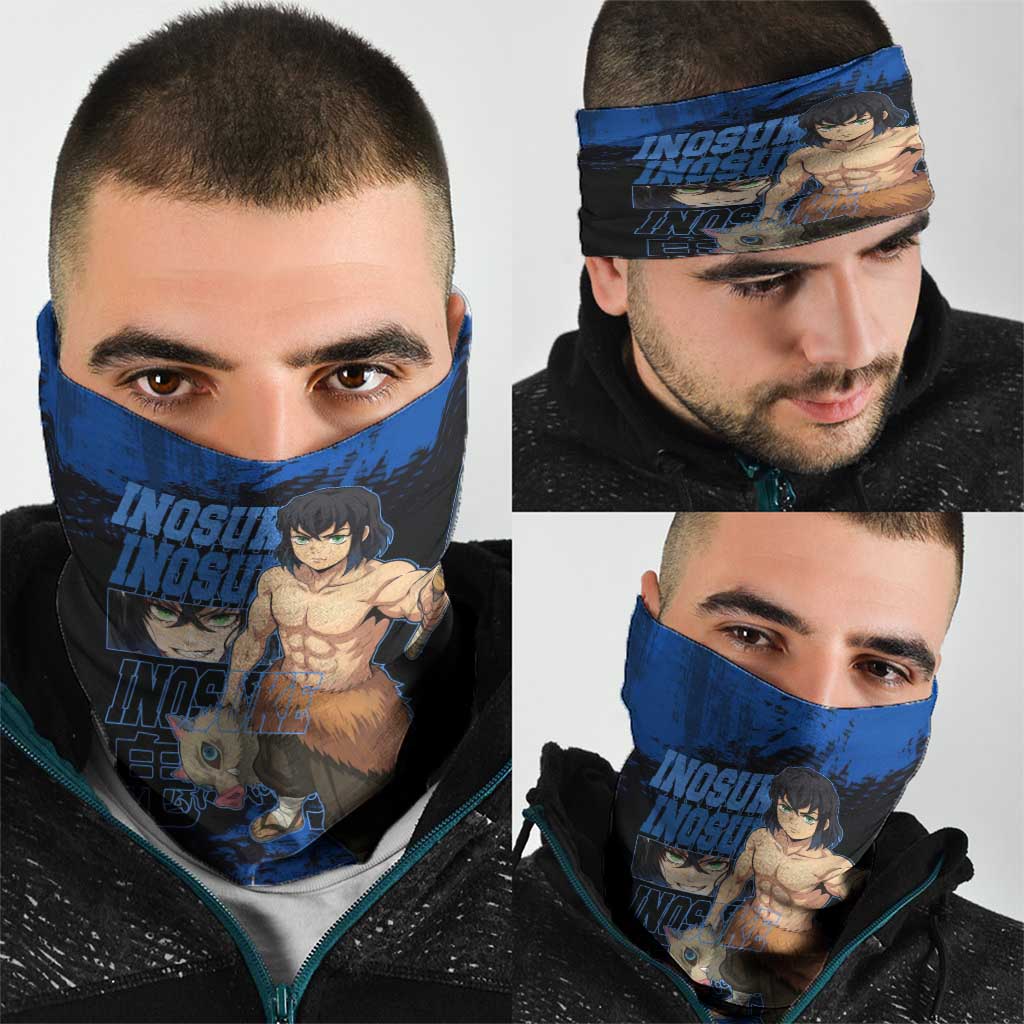 Inosuke Hashibira Demon Slayer Blue Grunge Design Neck Gaiter with Boar Mask and Dual Sword Pose - The Mazicc