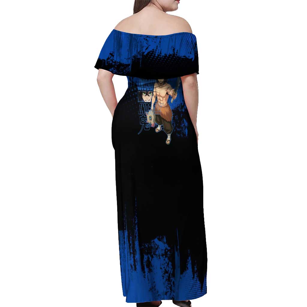 Inosuke Hashibira Demon Slayer Blue Grunge Design Off Shoulder Maxi Dress with Boar Mask and Dual Sword Pose - The Mazicc