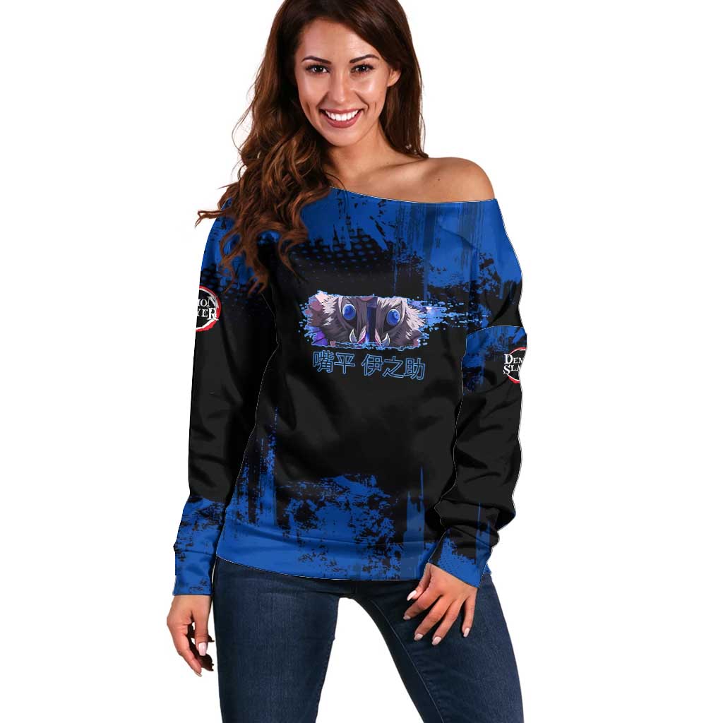 Inosuke Hashibira Demon Slayer Blue Grunge Design Off Shoulder Sweater with Boar Mask and Dual Sword Pose - The Mazicc
