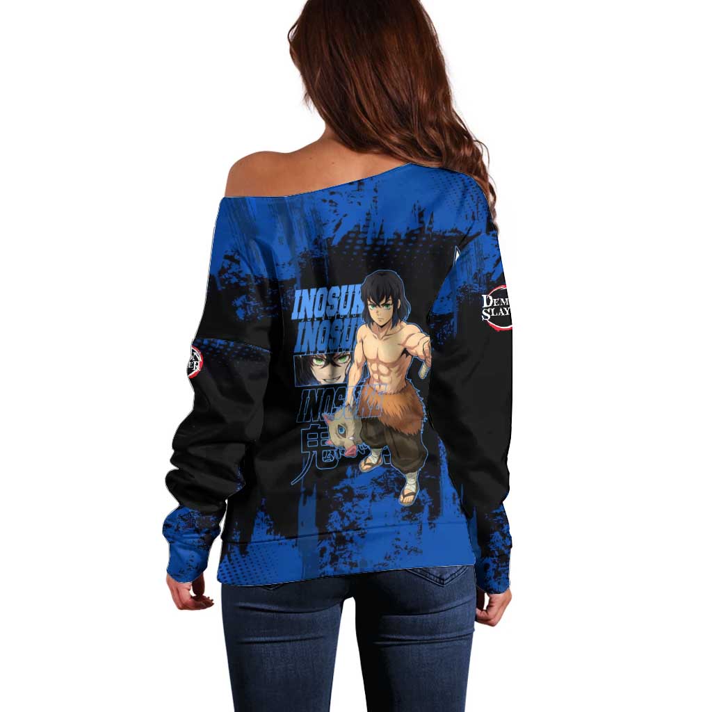 Inosuke Hashibira Demon Slayer Blue Grunge Design Off Shoulder Sweater with Boar Mask and Dual Sword Pose - The Mazicc
