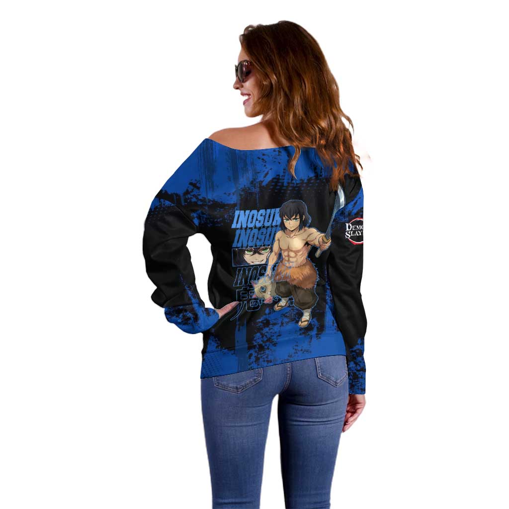 Inosuke Hashibira Demon Slayer Blue Grunge Design Off Shoulder Sweater with Boar Mask and Dual Sword Pose - The Mazicc