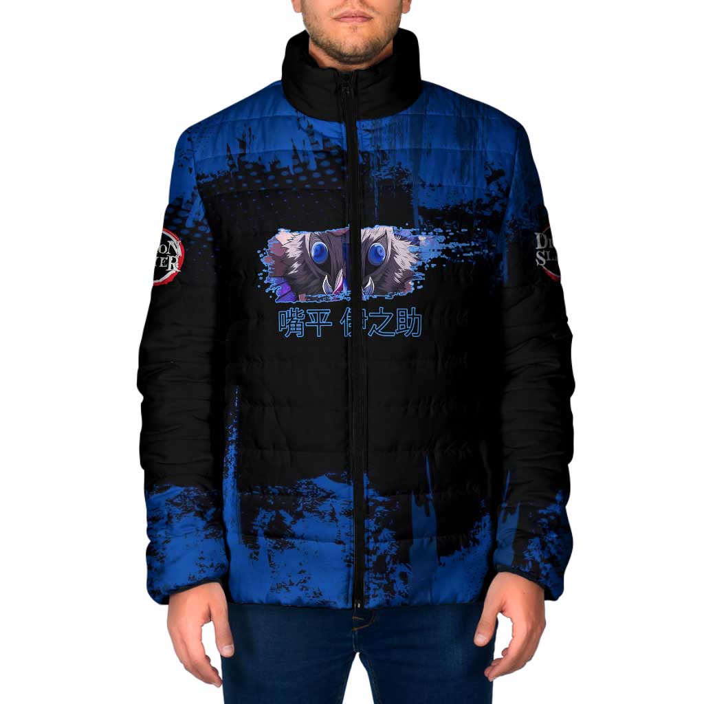 Inosuke Hashibira Demon Slayer Blue Grunge Design Padded Jacket with Boar Mask and Dual Sword Pose - The Mazicc