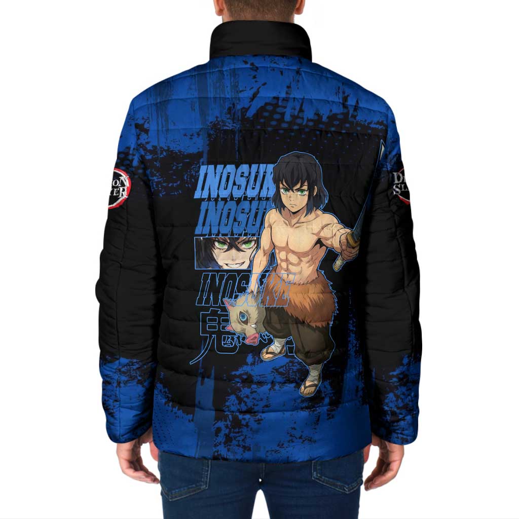 Inosuke Hashibira Demon Slayer Blue Grunge Design Padded Jacket with Boar Mask and Dual Sword Pose - The Mazicc