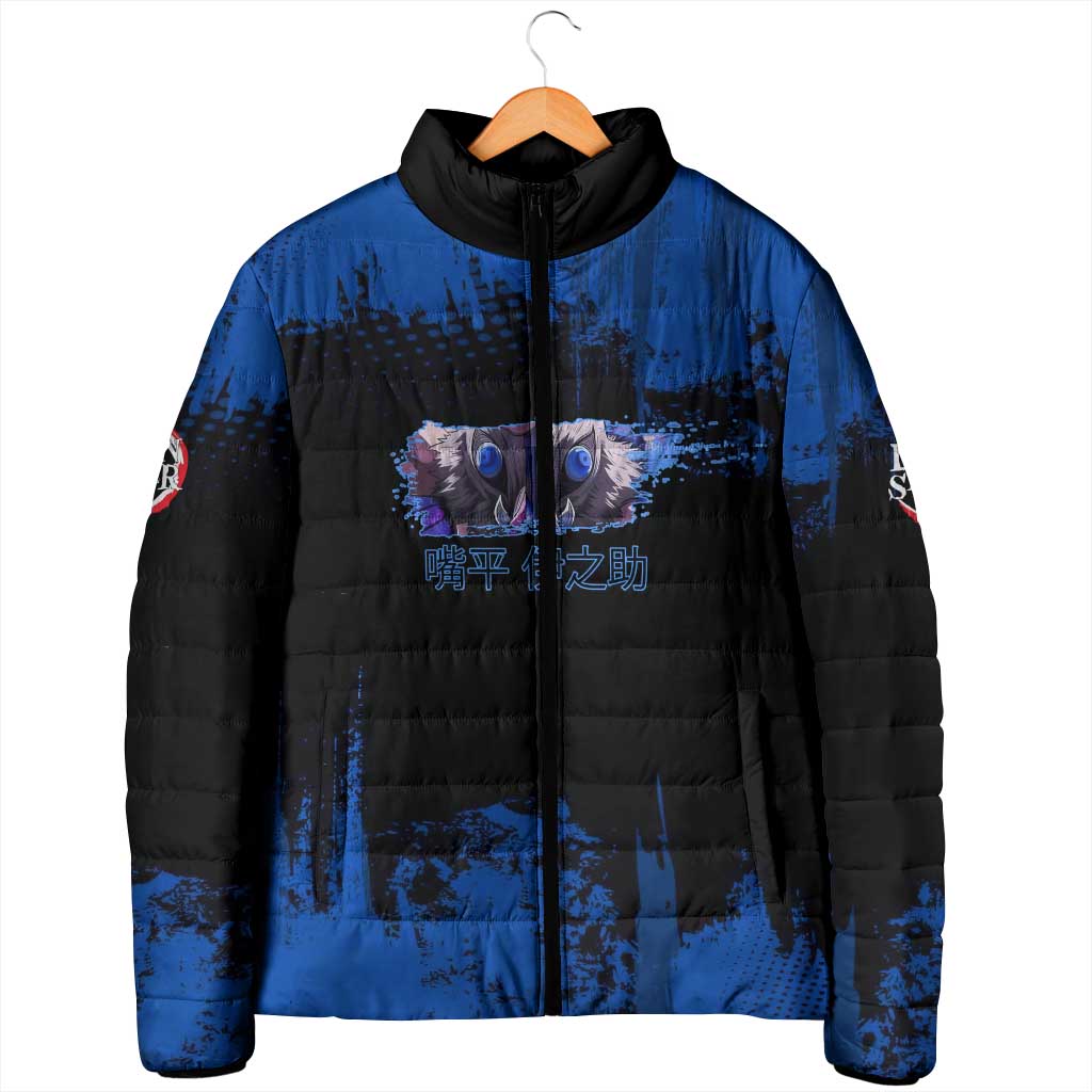 Inosuke Hashibira Demon Slayer Blue Grunge Design Padded Jacket with Boar Mask and Dual Sword Pose - The Mazicc