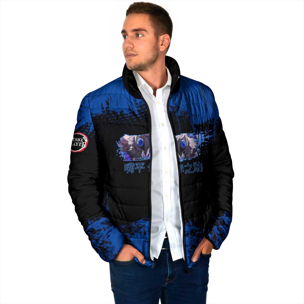 Inosuke Hashibira Demon Slayer Blue Grunge Design Padded Jacket with Boar Mask and Dual Sword Pose - The Mazicc