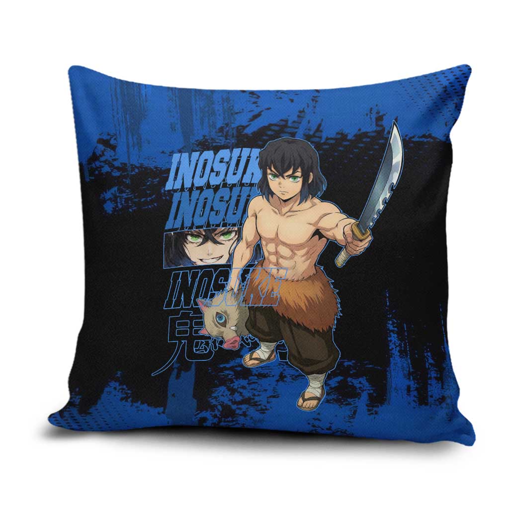 Inosuke Hashibira Demon Slayer Blue Grunge Design Pillow Cover with Boar Mask and Dual Sword Pose - The Mazicc