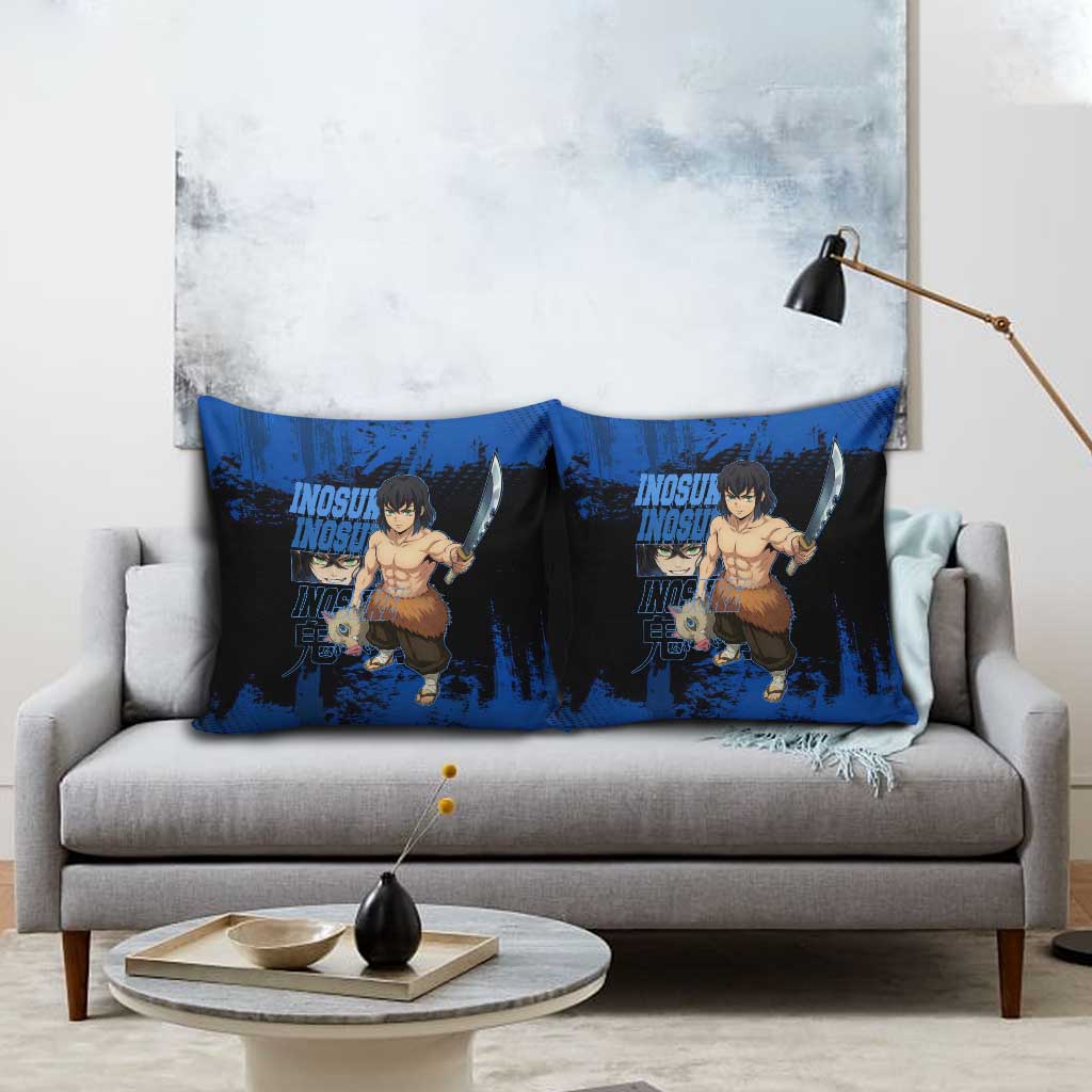 Inosuke Hashibira Demon Slayer Blue Grunge Design Pillow Cover with Boar Mask and Dual Sword Pose - The Mazicc