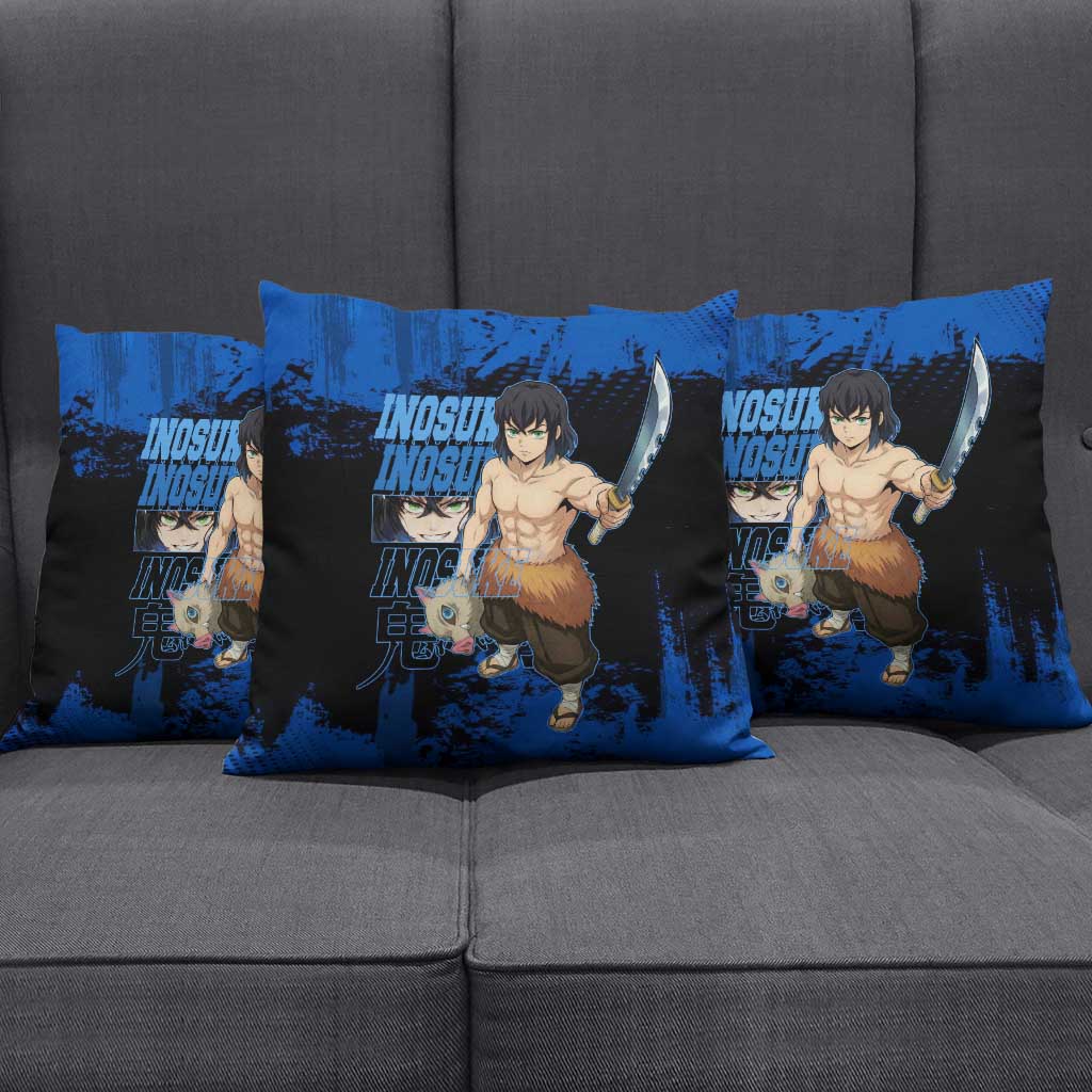 Inosuke Hashibira Demon Slayer Blue Grunge Design Pillow Cover with Boar Mask and Dual Sword Pose - The Mazicc