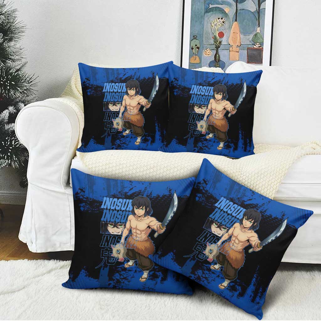 Inosuke Hashibira Demon Slayer Blue Grunge Design Pillow Cover with Boar Mask and Dual Sword Pose - The Mazicc