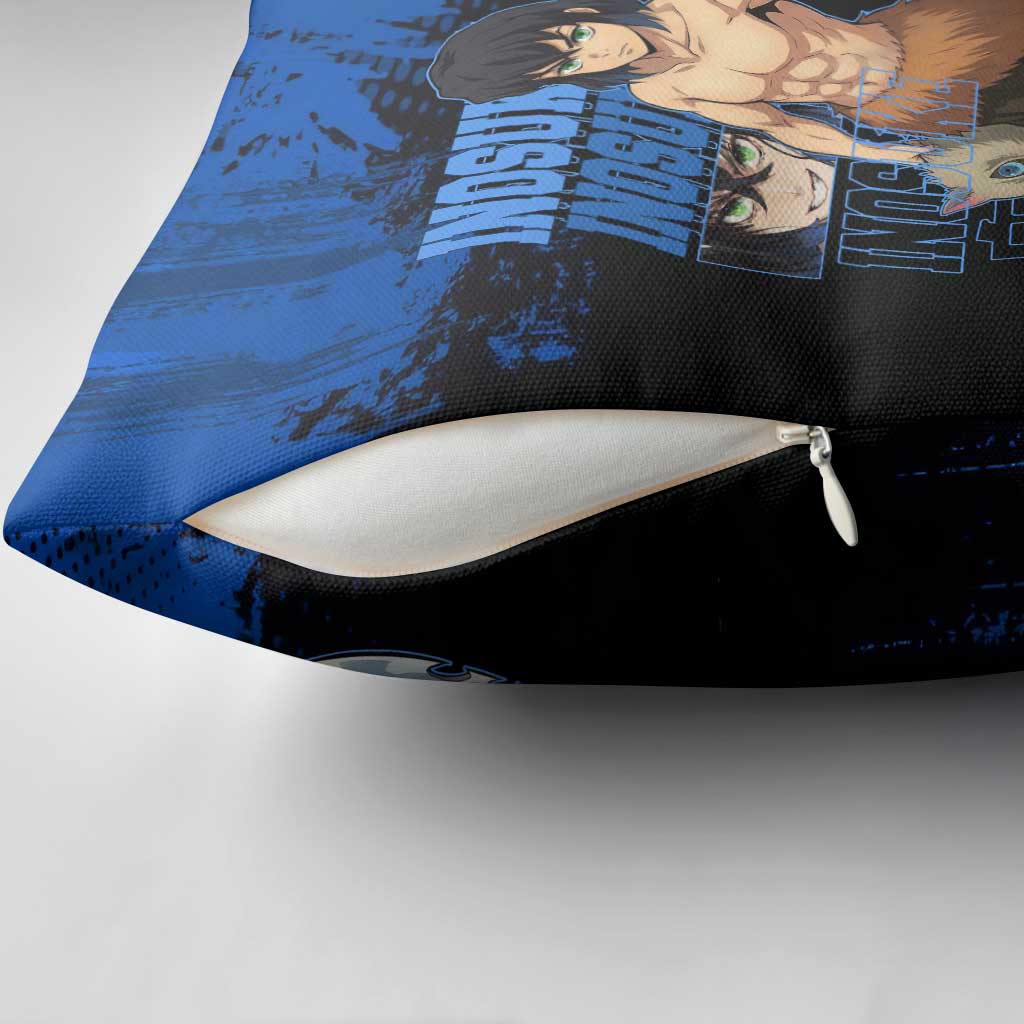 Inosuke Hashibira Demon Slayer Blue Grunge Design Pillow Cover with Boar Mask and Dual Sword Pose - The Mazicc