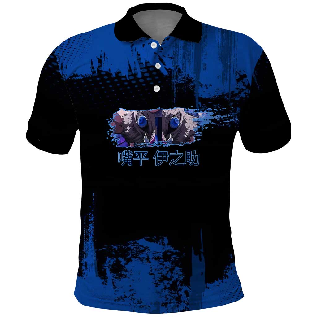 Inosuke Hashibira Demon Slayer Blue Grunge Design Polo Shirt with Boar Mask and Dual Sword Pose - The Mazicc