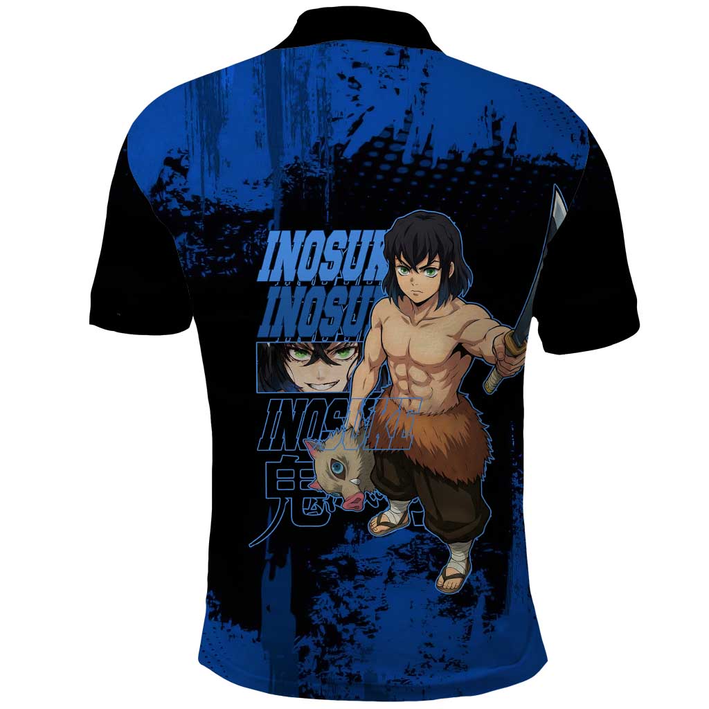 Inosuke Hashibira Demon Slayer Blue Grunge Design Polo Shirt with Boar Mask and Dual Sword Pose - The Mazicc