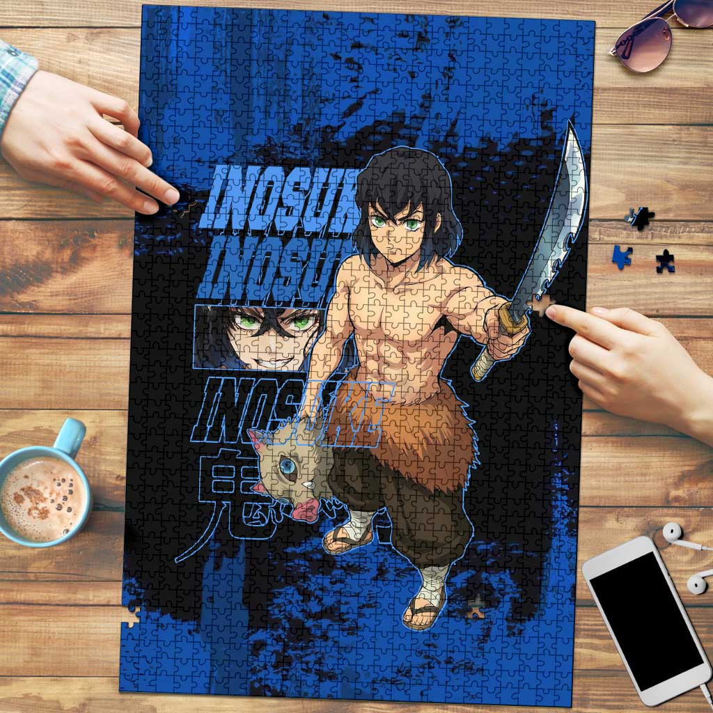 Inosuke Hashibira Demon Slayer Blue Grunge Design Puzzle with Boar Mask and Dual Sword Pose - The Mazicc