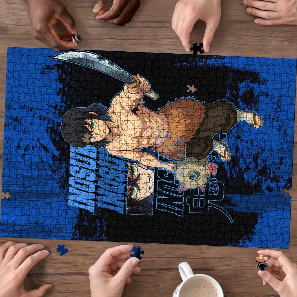 Inosuke Hashibira Demon Slayer Blue Grunge Design Puzzle with Boar Mask and Dual Sword Pose - The Mazicc