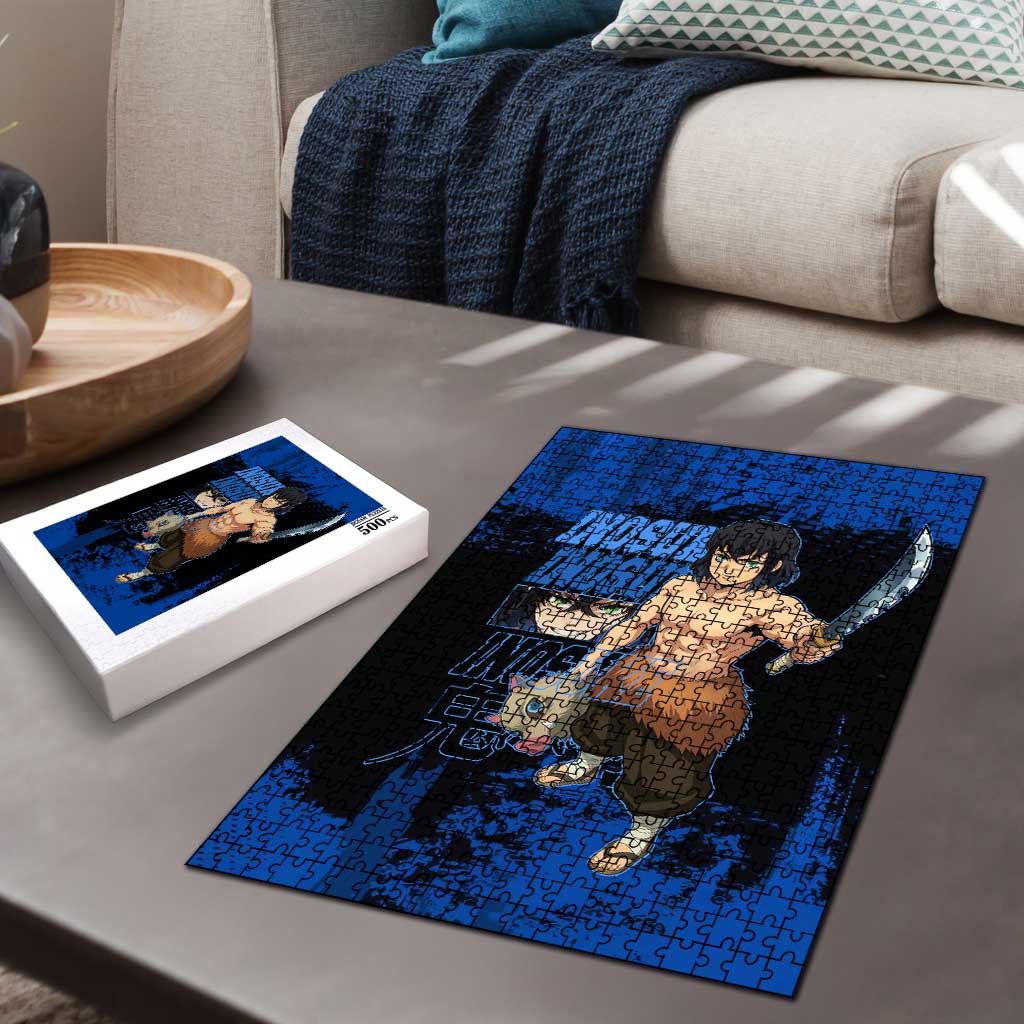 Inosuke Hashibira Demon Slayer Blue Grunge Design Puzzle with Boar Mask and Dual Sword Pose - The Mazicc