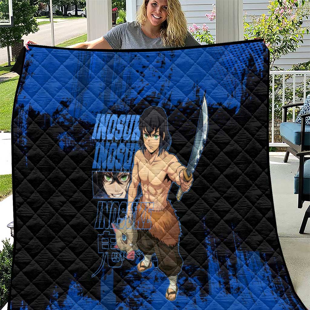 Inosuke Hashibira Demon Slayer Blue Grunge Design Quilt with Boar Mask and Dual Sword Pose - The Mazicc