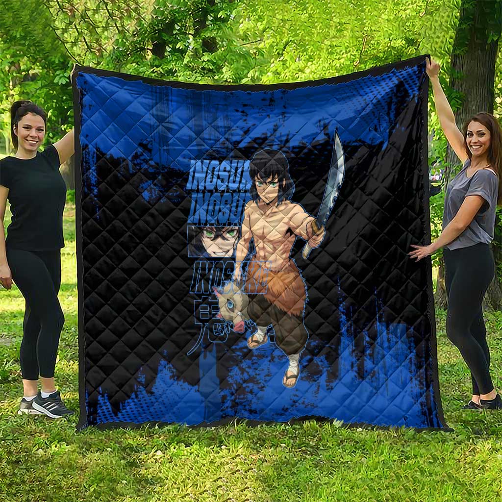 Inosuke Hashibira Demon Slayer Blue Grunge Design Quilt with Boar Mask and Dual Sword Pose - The Mazicc