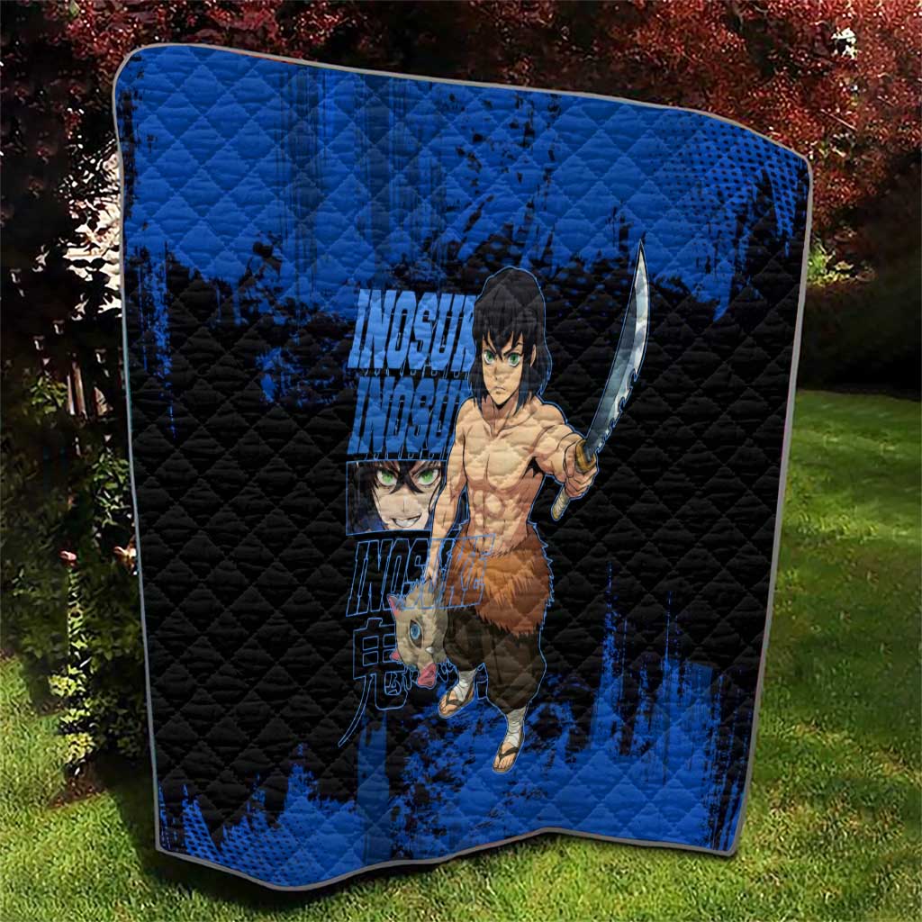 Inosuke Hashibira Demon Slayer Blue Grunge Design Quilt with Boar Mask and Dual Sword Pose - The Mazicc