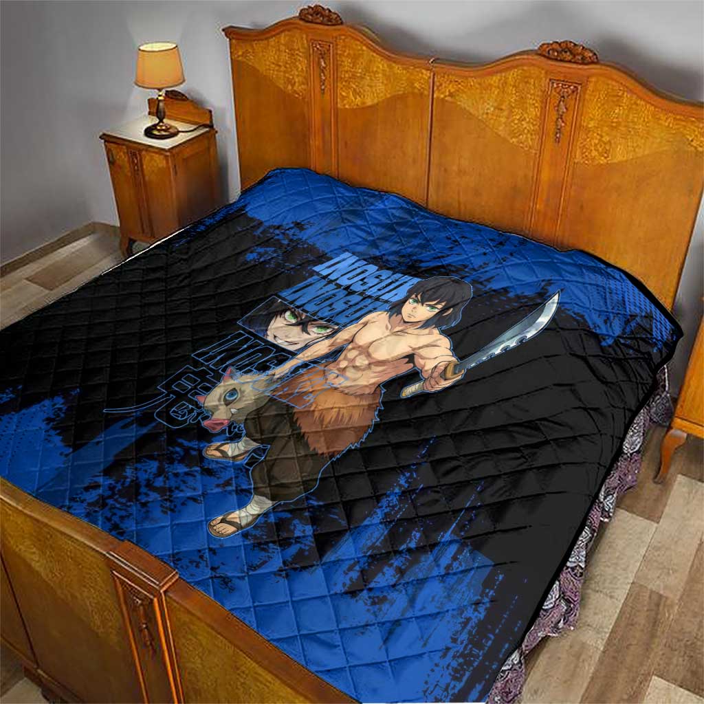 Inosuke Hashibira Demon Slayer Blue Grunge Design Quilt with Boar Mask and Dual Sword Pose - The Mazicc