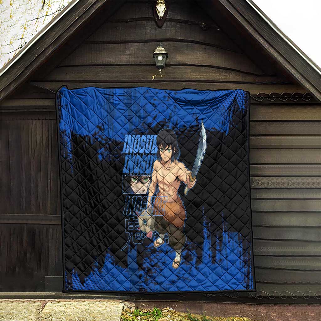 Inosuke Hashibira Demon Slayer Blue Grunge Design Quilt with Boar Mask and Dual Sword Pose - The Mazicc