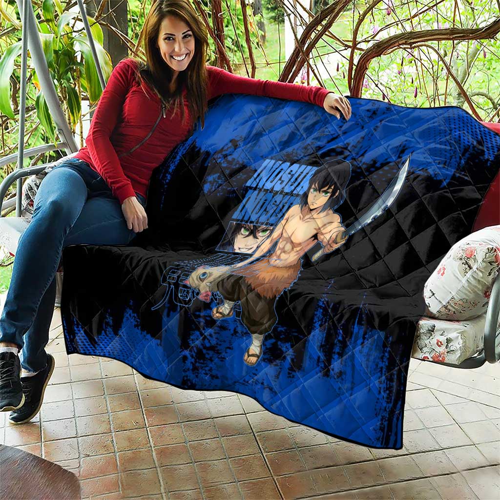 Inosuke Hashibira Demon Slayer Blue Grunge Design Quilt with Boar Mask and Dual Sword Pose - The Mazicc