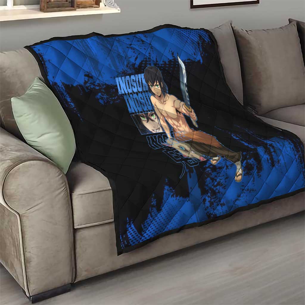 Inosuke Hashibira Demon Slayer Blue Grunge Design Quilt with Boar Mask and Dual Sword Pose - The Mazicc