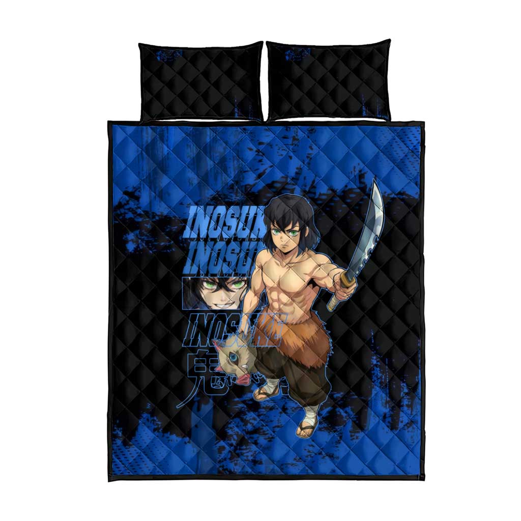 Inosuke Hashibira Demon Slayer Blue Grunge Design Quilt Bed Set with Boar Mask and Dual Sword Pose - The Mazicc